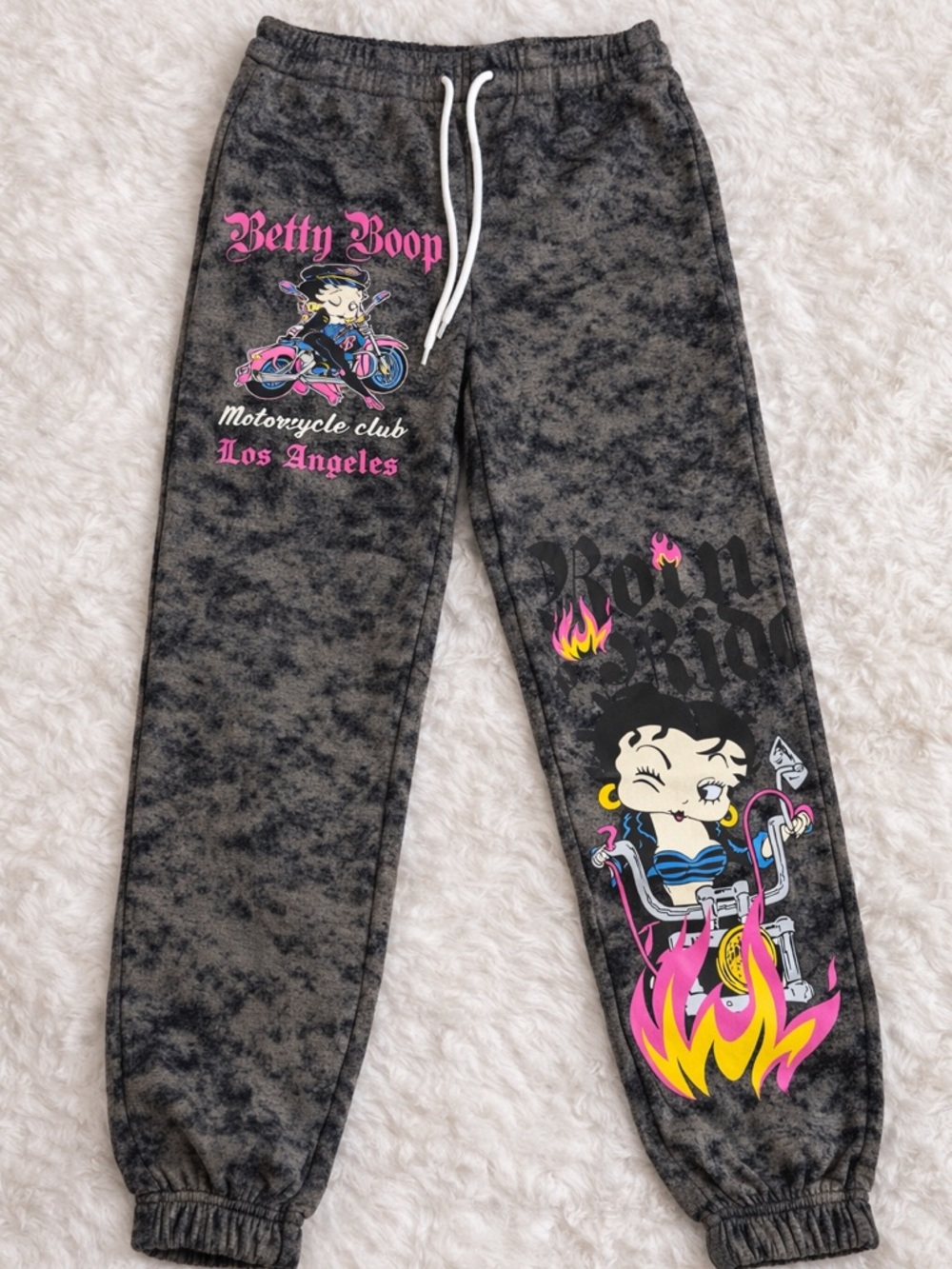 NWOT Betty Boop Gray Tie-Dye Motorcycle Club Joggers - Pink Accent